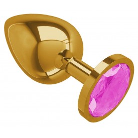 Золотистая большая анальная пробка с розовым кристаллом - 9,5 см.